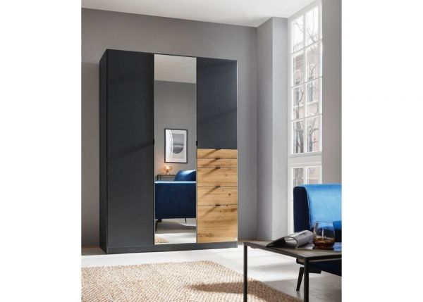 Ontario Mirrored Wardrobe by Rauch - 3-Door w/ 5-Drawers - Metallic Grey w/ Artisan Oak