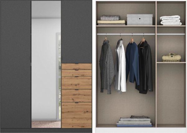 Ontario Mirrored Wardrobe by Rauch - 3-Door w/ 5-Drawers - Metallic Grey w/ Artisan Oak