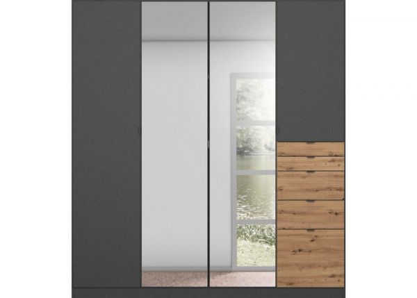 Ontario Mirrored Wardrobe by Rauch - 4-Door w/ 5-Drawers - Metallic Grey w/ Artisan Oak