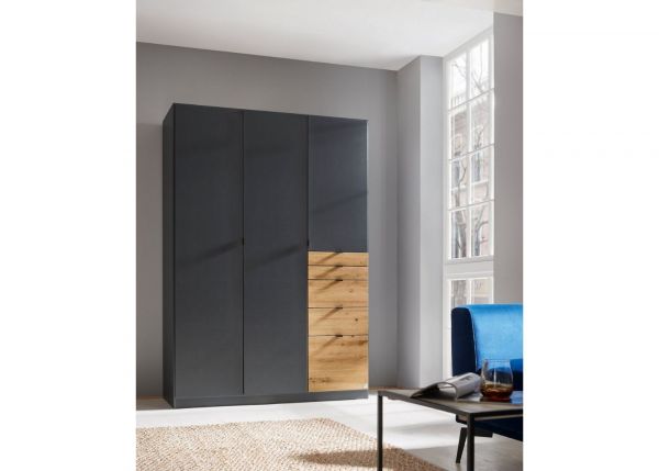 Ontario Wardrobe by Rauch - 3-Door w/ 5-Drawers - Metallic Grey w/ Artisan Oak