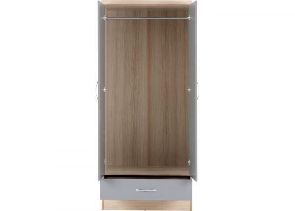 Nevada Grey Gloss and Light Oak Effect 2-Door 1-Drawer Mirrored Wardrobe by Wholesale Beds & Furniture