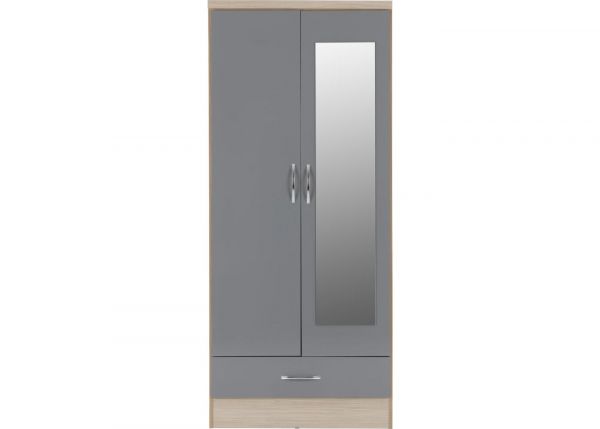 Nevada Grey Gloss and Light Oak Effect 2-Door 1-Drawer Mirrored Wardrobe by Wholesale Beds & Furniture