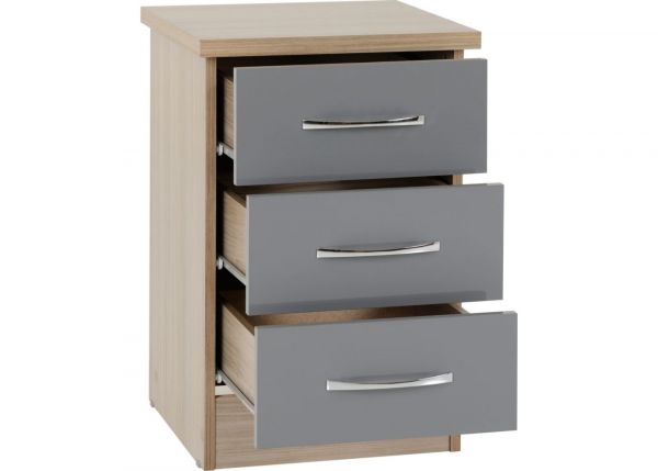 Nevada Grey Gloss and Light Oak Effect 3-Drawer Bedside by Wholesale Beds & Furniture