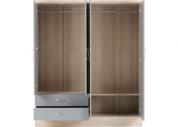 Nevada Grey Gloss and Light Oak Effect 4-Door 2-Drawer Mirrored Wardrobe by Wholesale Beds & Furniture