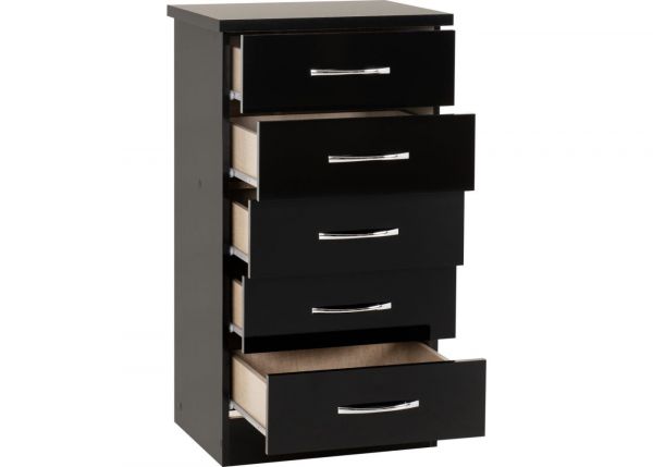 Nevada Black Gloss 5-Drawer Narrow Chest by Wholesale Beds Open