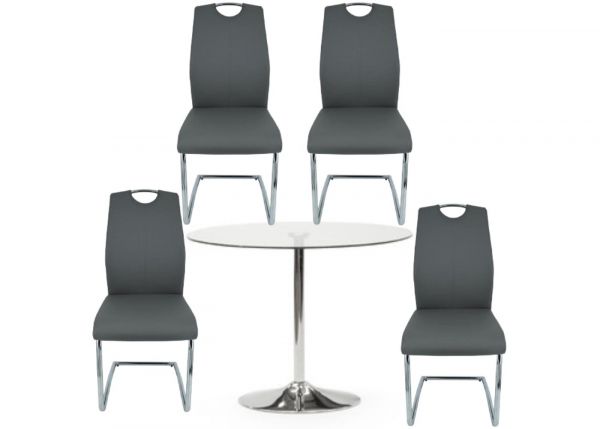 Orbit 90cm Glass Dining Table + 4 Elena Dark Grey Dining Chairs Front