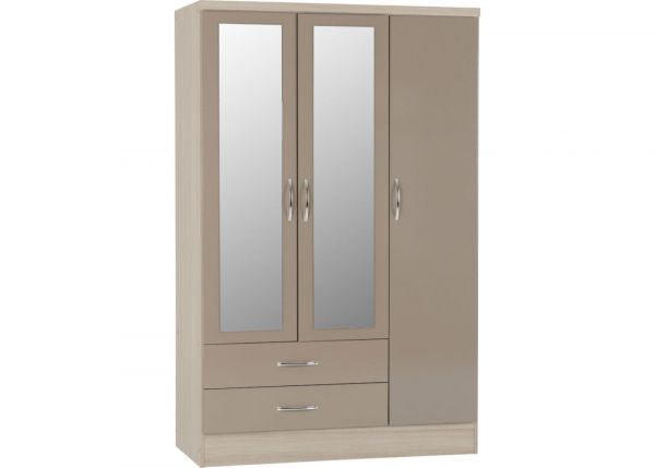 Nevada Oyster Gloss and Light Oak Effect 3-Door 2-Drawer Mirrored Wardrobe by Wholesale Beds & Furniture