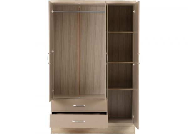 Nevada Oyster Gloss and Light Oak Effect 3-Door 2-Drawer Mirrored Wardrobe by Wholesale Beds & Furniture