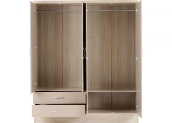Nevada Oyster Gloss and Light Oak Effect 4-Door 2-Drawer Mirrored Wardrobe by Wholesale Beds & Furniture