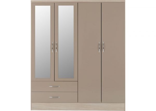 Nevada Oyster Gloss and Light Oak Effect 4-Door 2-Drawer Mirrored Wardrobe by Wholesale Beds & Furniture