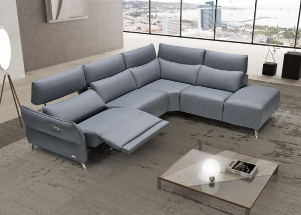 Perlini Italian Leather RHF Electric Reclining Corner Sofa in Cobalto by Annaghmore Room