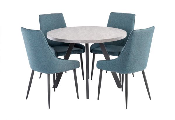 Rimella 1.07m Round Dining Table and a Set of 4 Rimella Teal/Grey Fabric Dining Chairs 