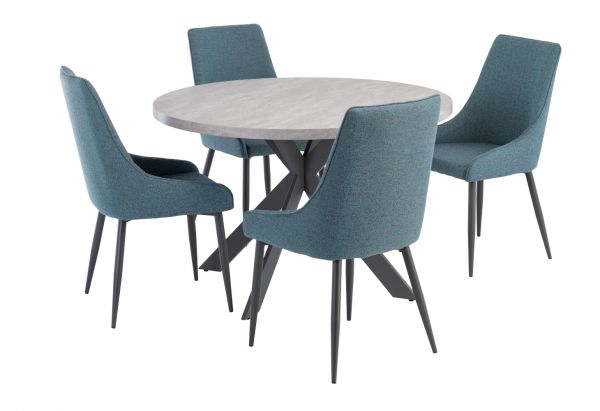 Rimella 1.20m Round Dining Table and a Set of 4 Teal/Grey Rimella Dining Chairs
