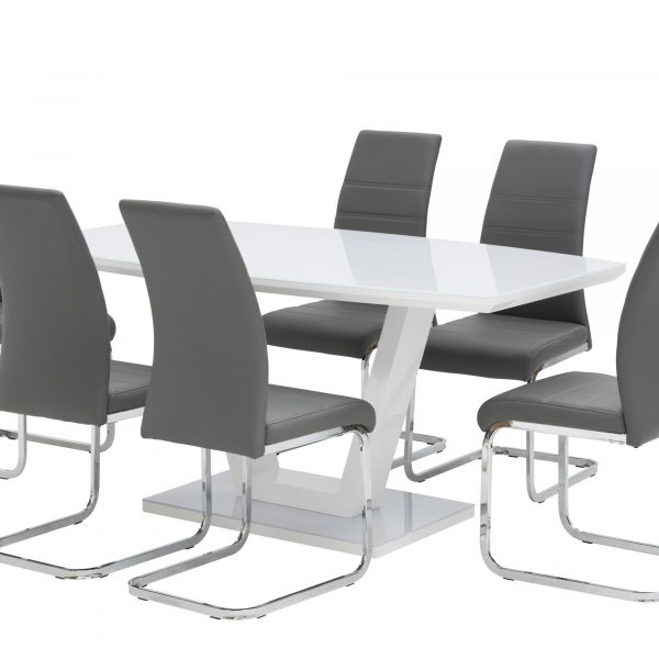 Venosa White High Gloss Glass Top Table and 6 Grey Sora Chairs