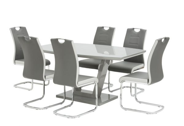 Venosa Grey High Gloss Glass Top Dining Table and 6 Grey Chairs Set