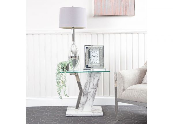 Lusso White Marble-Effect End Table by CIMC Room