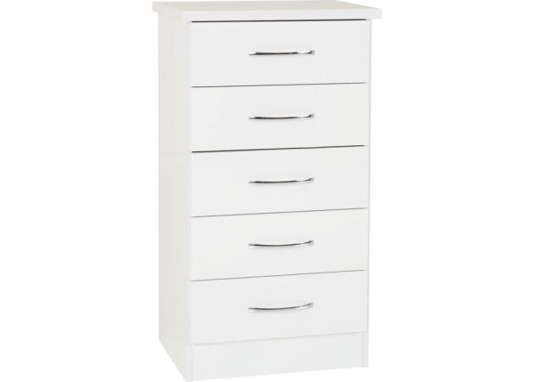 Nevada White Gloss 5-Drawer Narrow Chest by Wholesale Beds & Furniture