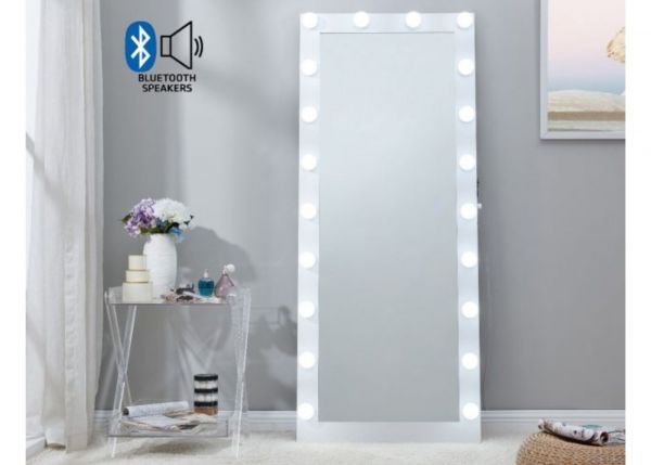 Hollywood White Bluetooth Floor Mirror by Derrys Front